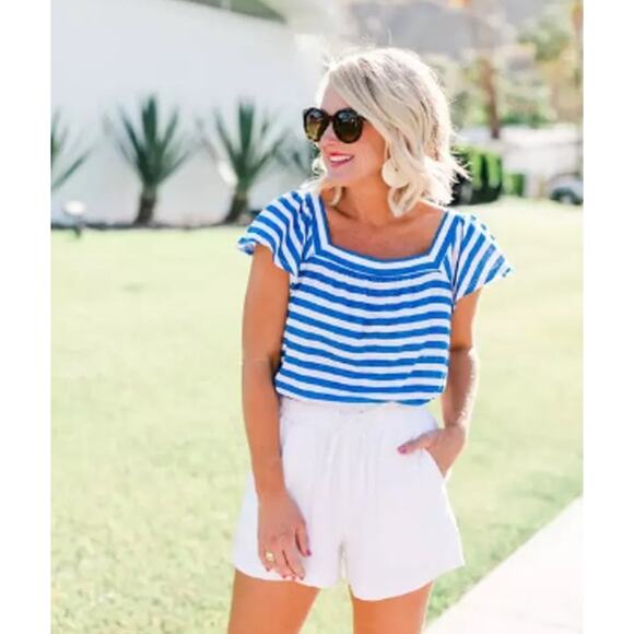 Gibson Tops - NWT Gibson x Hi Sugarplum  Blue White Striped Ruffle  Short Sleeve Top PetiteXXS